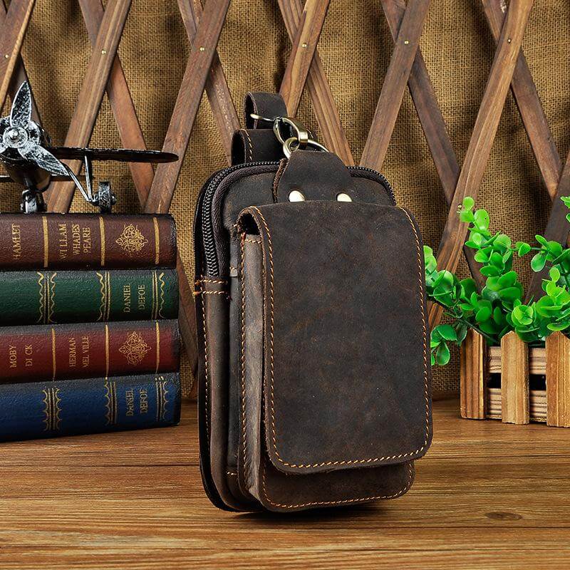 Men's Real Leather Travel Belt Bag with Secure Snap Closure
