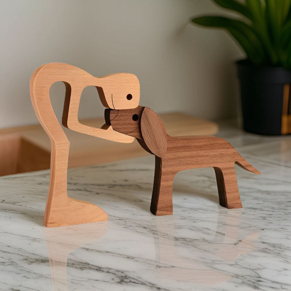Unique Wooden Dog and Person Statue