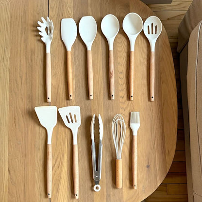 Eco-Friendly Silicone Kitchen Utensil Set with Wood Handles