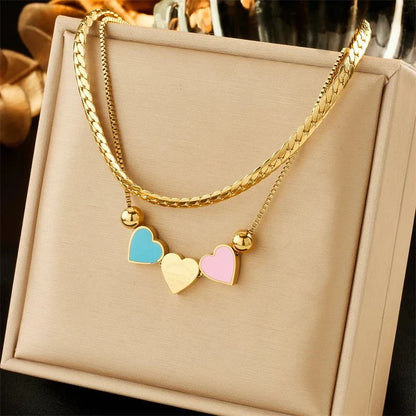 Romantic Pink Heart Necklace and Bracelet Set - Fesara