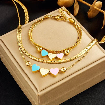 Romantic Pink Heart Necklace and Bracelet Set
