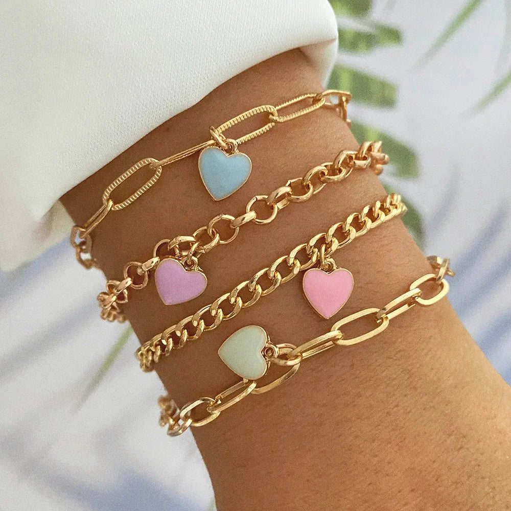 Colorful Heart Charm Bracelet Set - Fesara