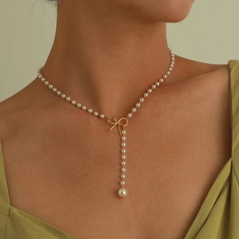 Elegant White Pearl Drop Y Necklace