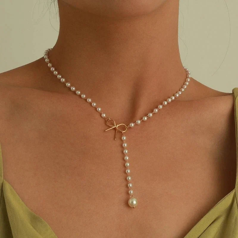 Elegant White Pearl Drop Y Necklace