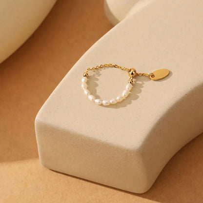 Elegant White Pearl Drop Chain Ring