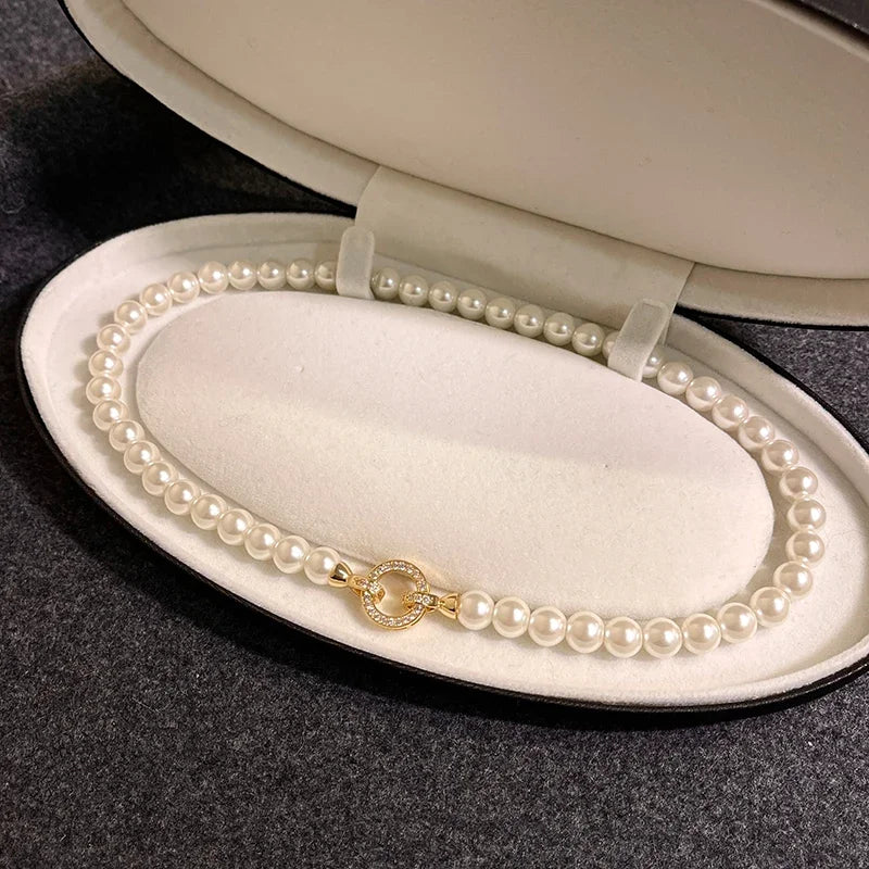 Elegant Pearl Diamond Circle Pendant Set - Fesara