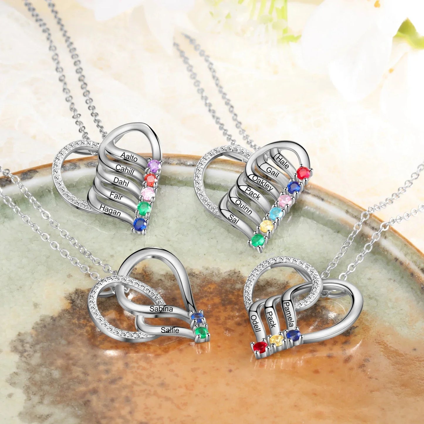 Customizable Heart Pendant Necklace with Birthstone and Name - Fesara