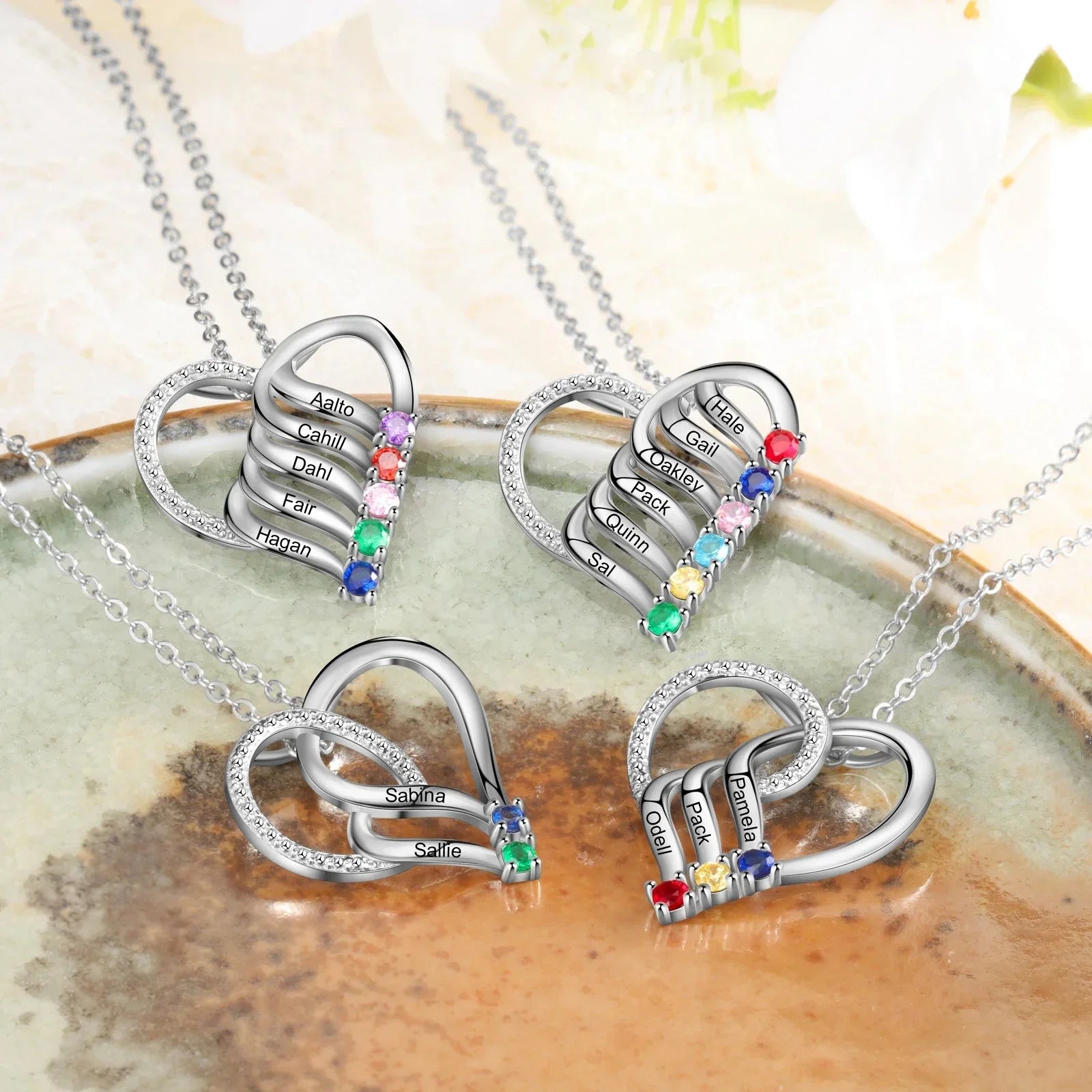 Customizable Heart Pendant Necklace with Birthstone and Name - Fesara