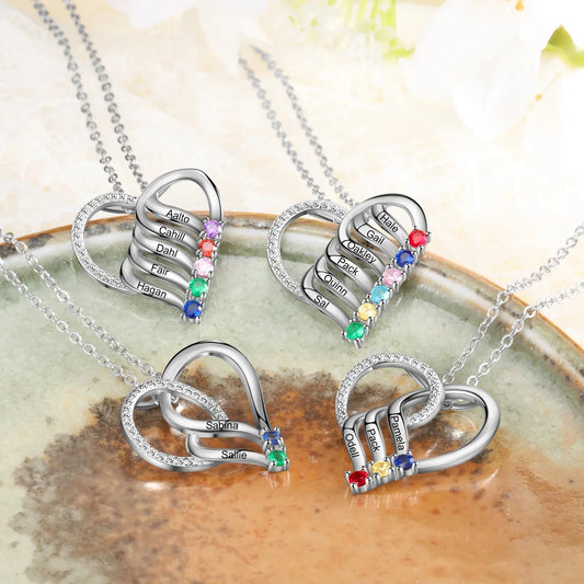 Customizable Heart Pendant Necklace with Birthstone and Name - Fesara