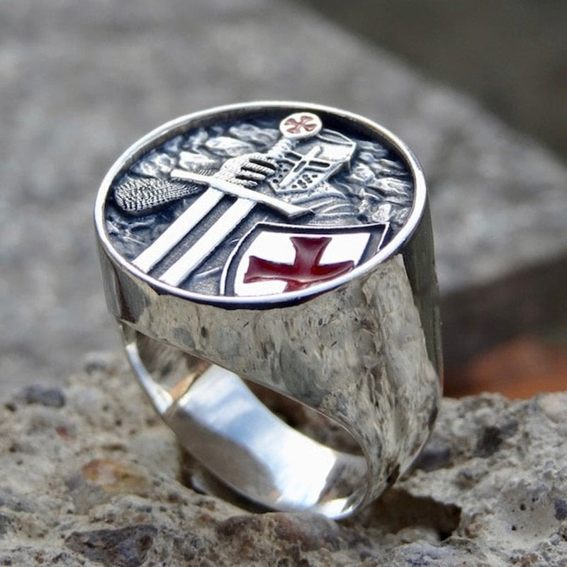 Mens Red Cross Stainless Steel Band Rings - Fesara