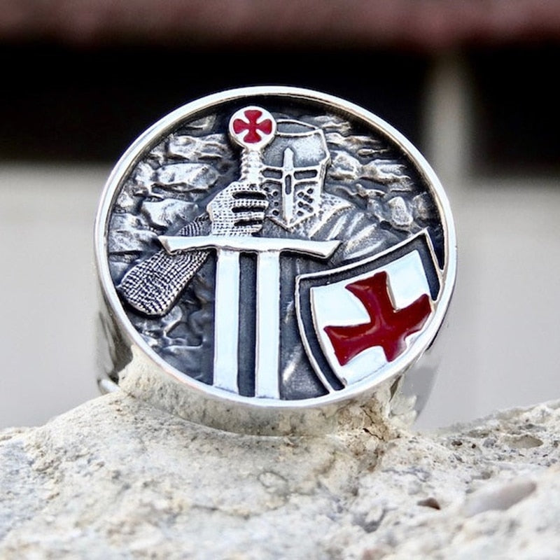 Mens Red Cross Stainless Steel Band Rings