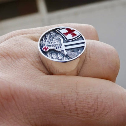 Mens Red Cross Stainless Steel Band Rings