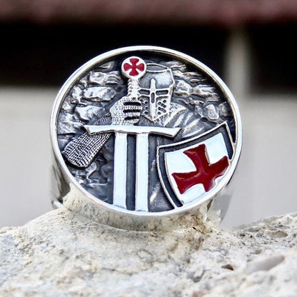 Mens Red Cross Stainless Steel Band Rings