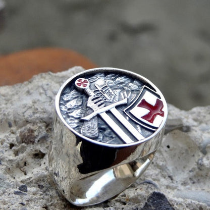Mens Red Cross Stainless Steel Band Rings
