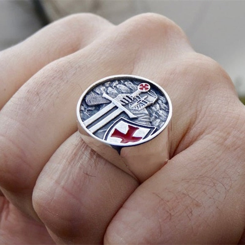 Mens Red Cross Stainless Steel Band Rings