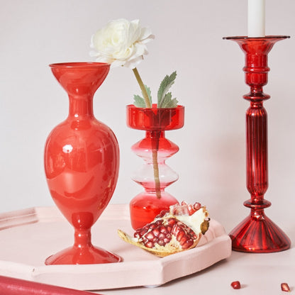 Red Glass Candle Holder & Decorative Vase Set