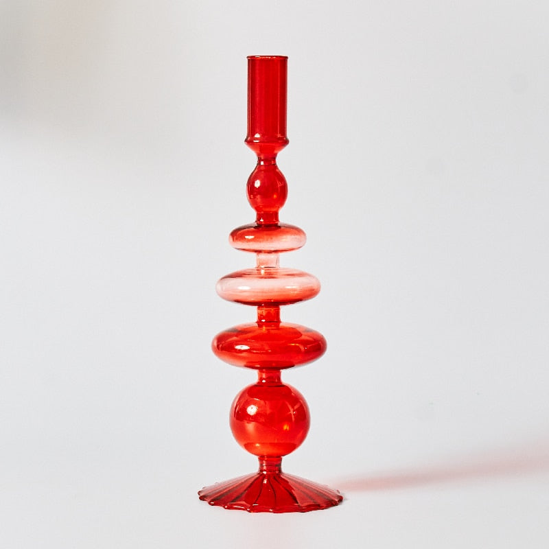 Red Glass Candle Holder & Decorative Vase Set
