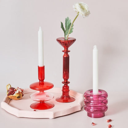 Red Glass Candle Holder & Decorative Vase Set