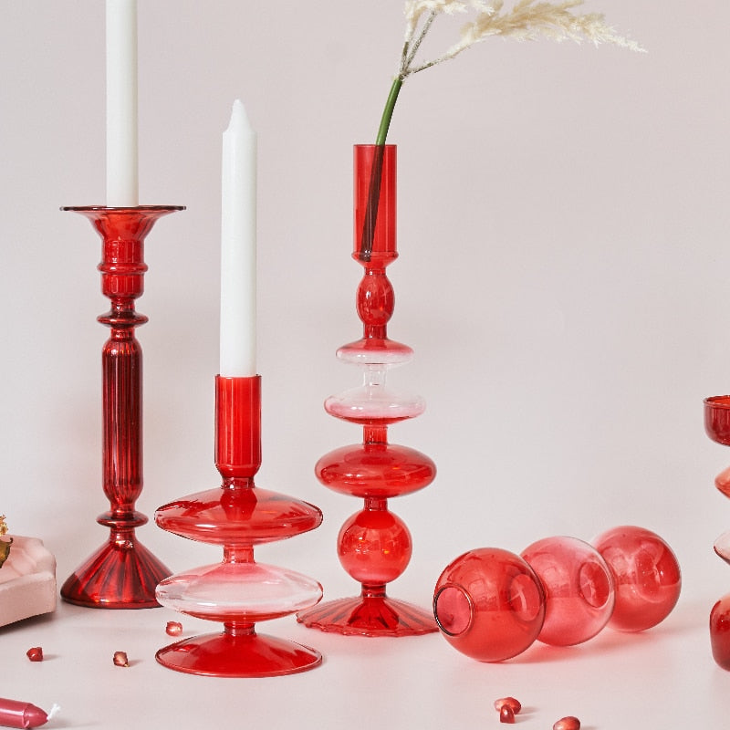Red Glass Candle Holder & Decorative Vase Set
