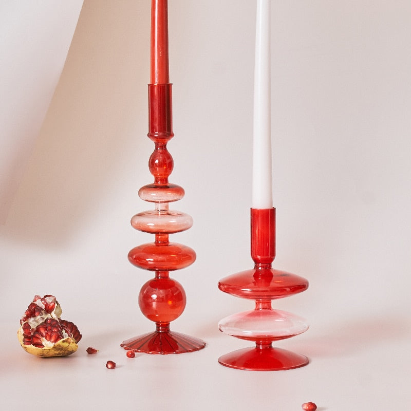 Red Glass Candle Holder & Decorative Vase Set