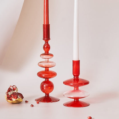 Red Glass Candle Holder & Decorative Vase Set