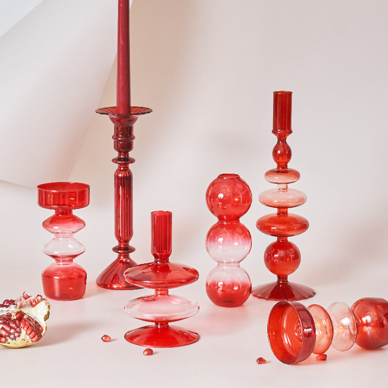 Red Glass Candle Holder & Decorative Vase Set
