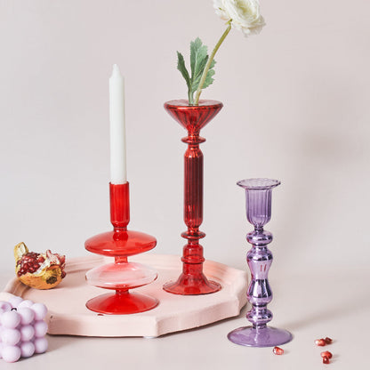 Red Glass Candle Holder & Decorative Vase Set