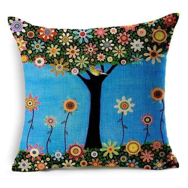 Colorful Bird Tree of Life Pattern Throw Pillow Cover