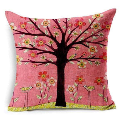 Colorful Bird Tree of Life Pattern Throw Pillow Cover