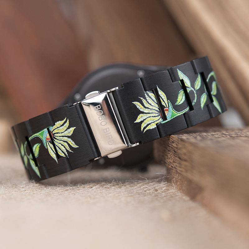 Natural Bamboo Wood Ladies Watch with Floral Face