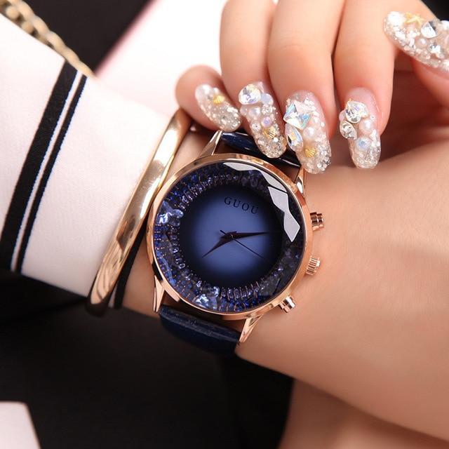 Elegant Navy Blue Diamond Leather Women's Watch - Fesara