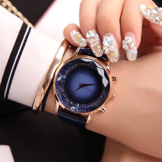 Elegant Navy Blue Diamond Leather Women's Watch - Fesara