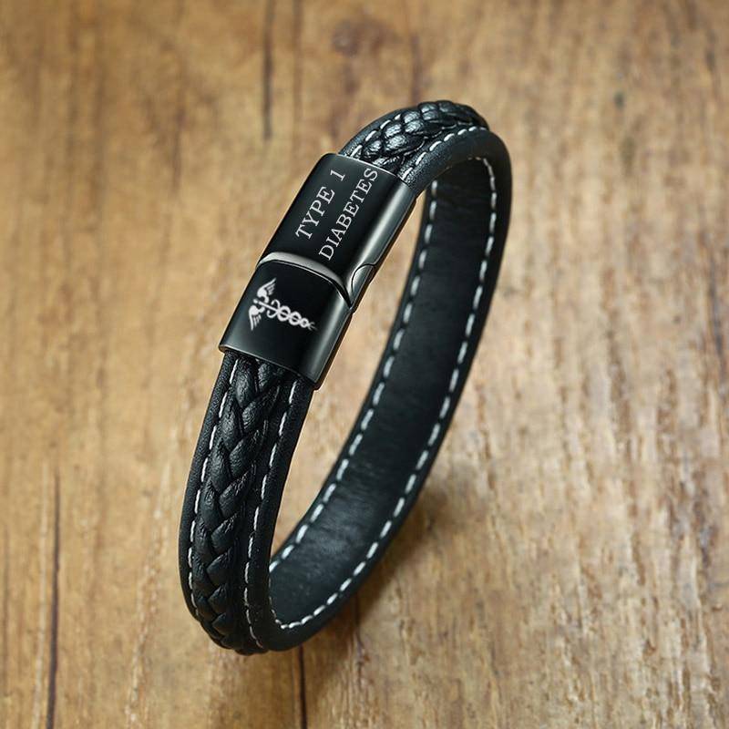 Mens Diabetes Alert Leather ID Bracelet - Black