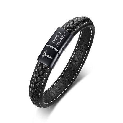 Mens Diabetes Alert Leather ID Bracelet - Black