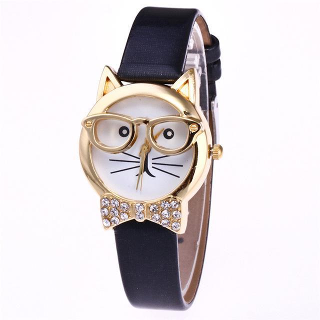 Fashionable Cat Eye Watch with Studs and Leather Strap - Fesara