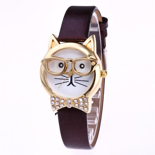 Fashionable Cat Eye Watch with Studs and Leather Strap