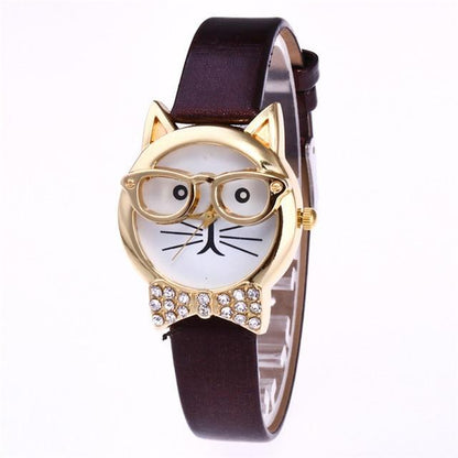 Fashionable Cat Eye Watch with Studs and Leather Strap