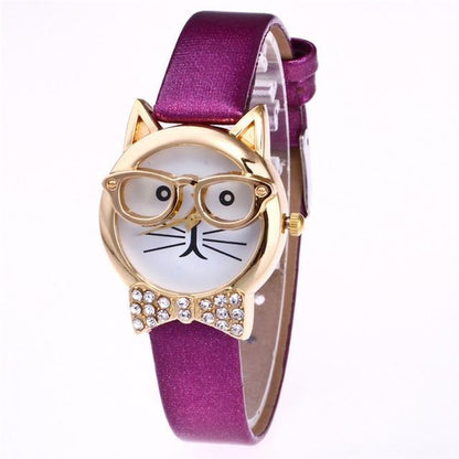 Fashionable Cat Eye Watch with Studs and Leather Strap