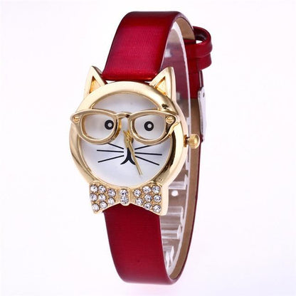Fashionable Cat Eye Watch with Studs and Leather Strap