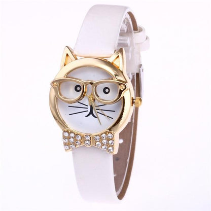 Fashionable Cat Eye Watch with Studs and Leather Strap