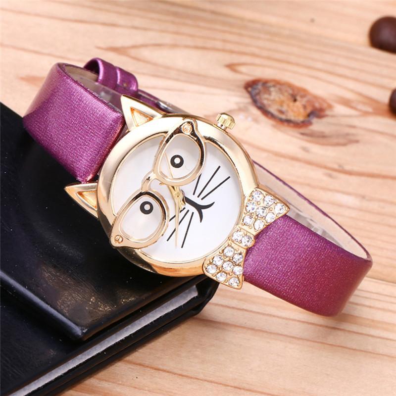 Fashionable Cat Eye Watch with Studs and Leather Strap