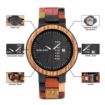 Mens Wooden Watch with Date Display in Wooden Case