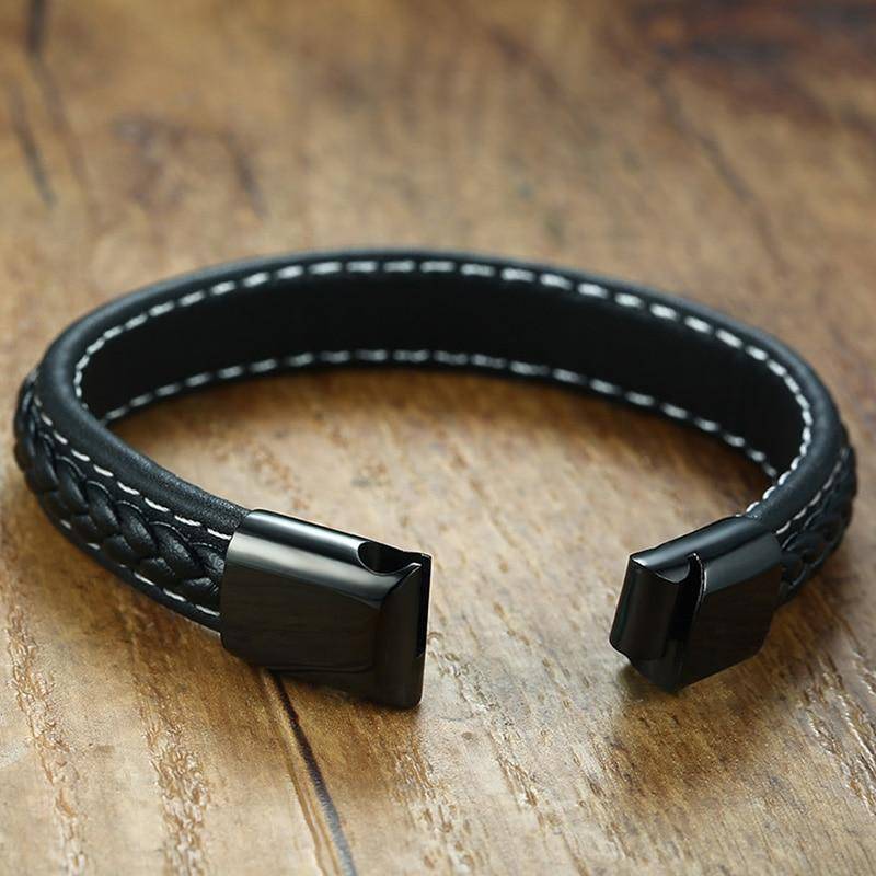 Mens Diabetes Alert Leather ID Bracelet - Black - Fesara