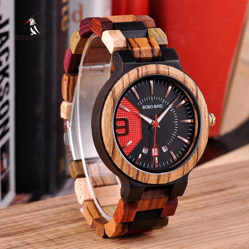 Rustic Wood Men's Watch with Date in Wooden Box - Fesara