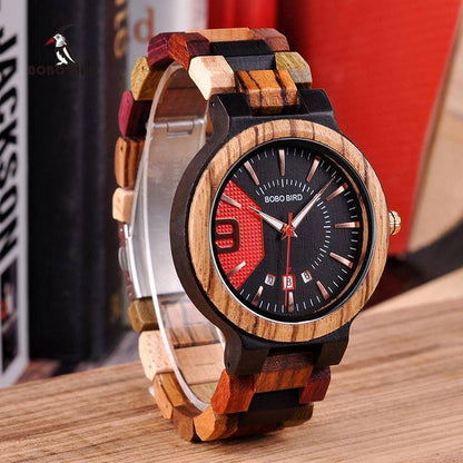 Rustic Wood Men's Watch with Date in Wooden Box - Fesara