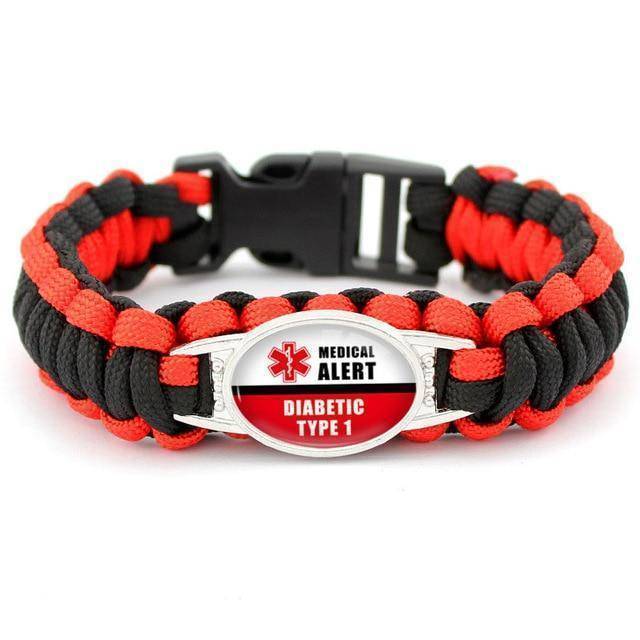 Medical Alert Bracelet for Diabetes - Red Black Rope Style - Fesara