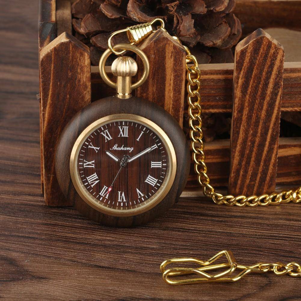 Elegant Men's Wooden Pocket Watch with Bamboo Case