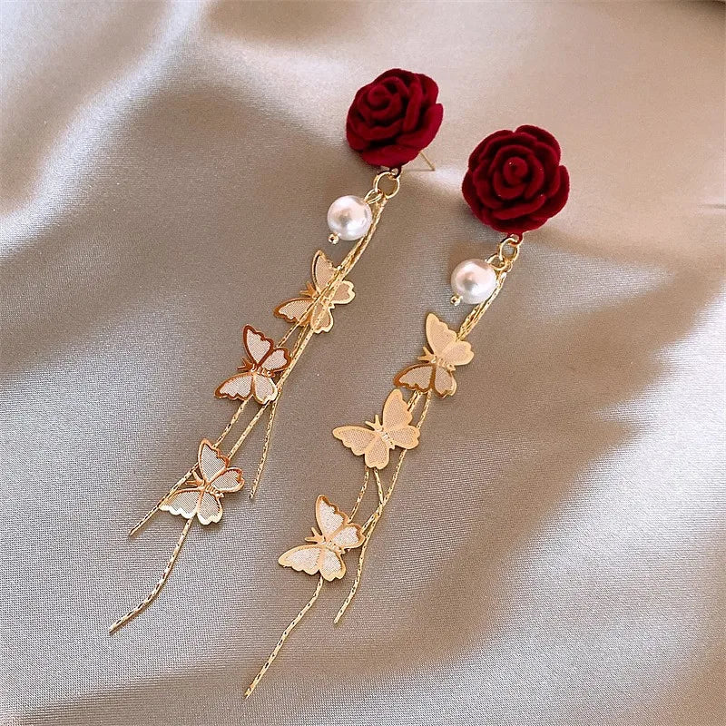 Beautiful Pink Drop Pearl Butterfly Earrings