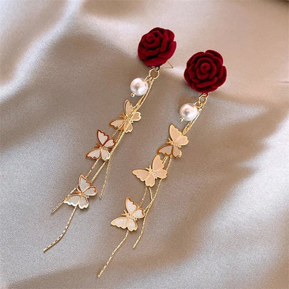 Beautiful Pink Drop Pearl Butterfly Earrings