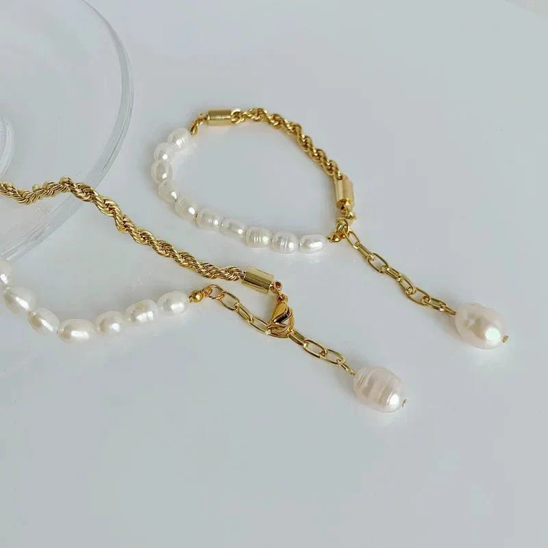 Elegant Pearl Chain Layering Necklace Bracelet